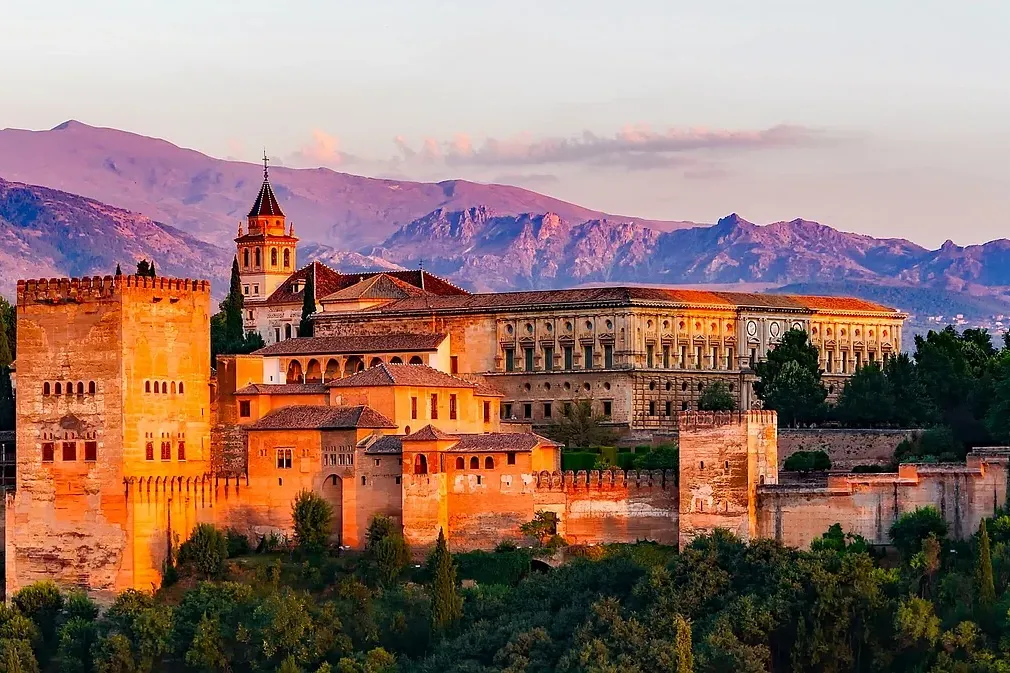 Sunset view of the Alhambra Palace in Granada, Spain.