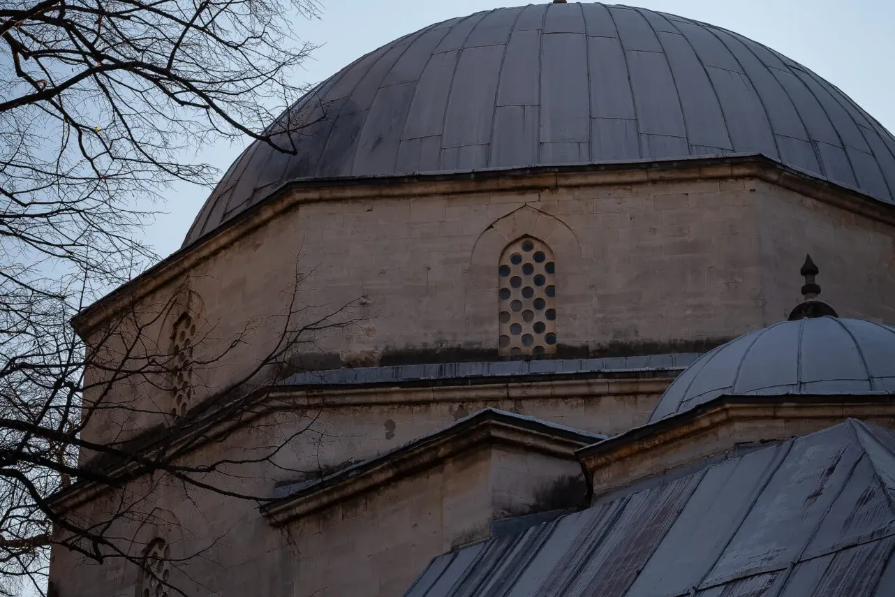 Close-up of a stone mosque building with a large grey dome and round windows, framed by bare tree branches against a blue ...