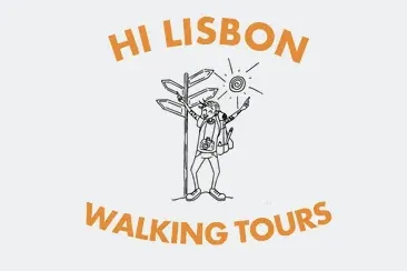 Cartoon logo with a joyful traveler, backpack, and signpost. Text reads 'HI LISBON WALKING TOURS'.