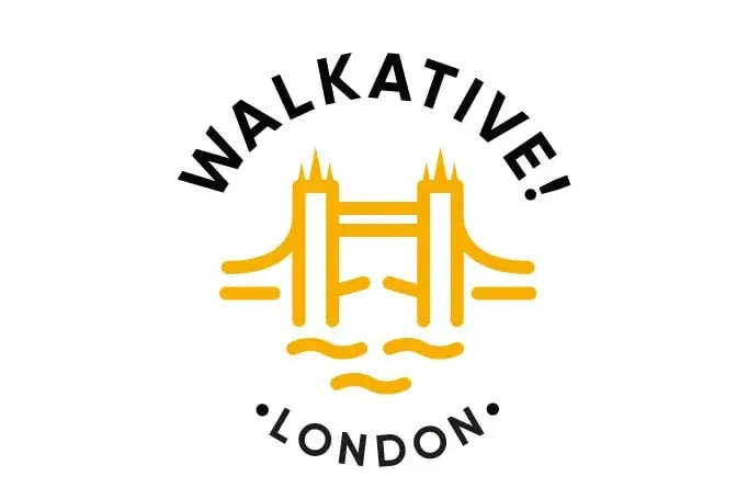 Walkative London logo featuring a stylized orange outline of Tower Bridge, with "WALKATIVE!" above and "LONDON" below.