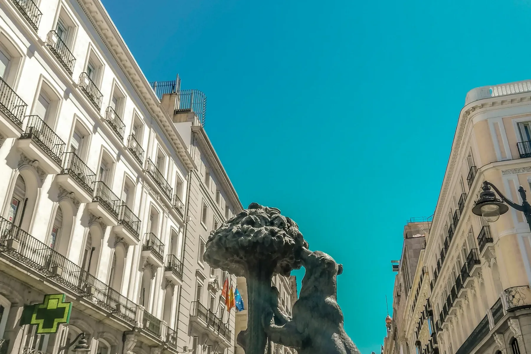 Bronze statue of a bear standing on its hind legs, reaching for fruit on a tree, in a sunny city square with people.