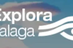 Logo for Explora Malaga featuring white text on a blue background and a stylized eye symbol.