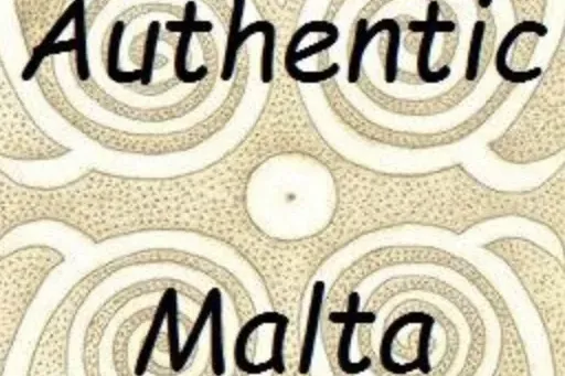 Graphic design featuring 'Authentic Malta' text in black, overlaid on a light background with a pattern of white concentri...