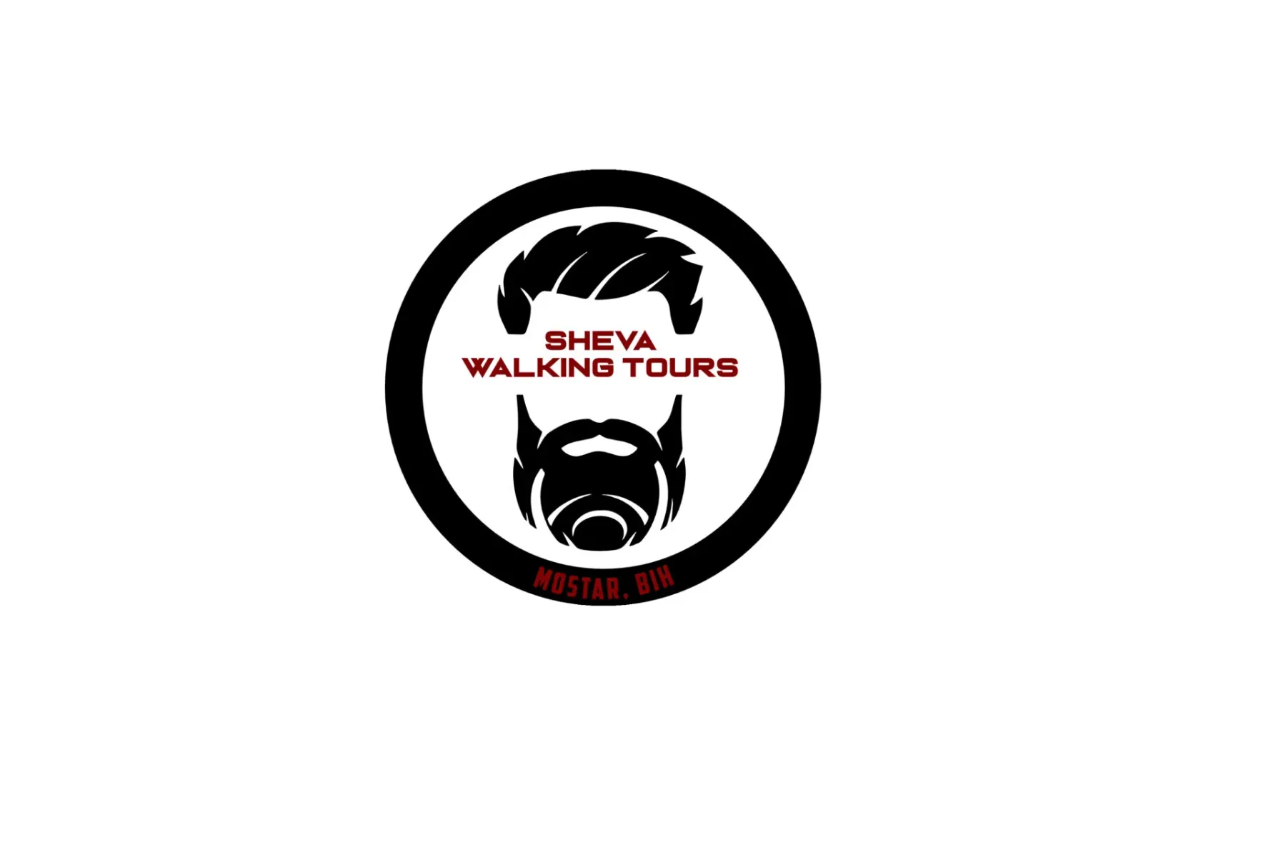 Black circular logo with a stylized male head, hair, and beard silhouette. Red text says 'SHEVA WALKING TOURS' and 'MOSTAR...