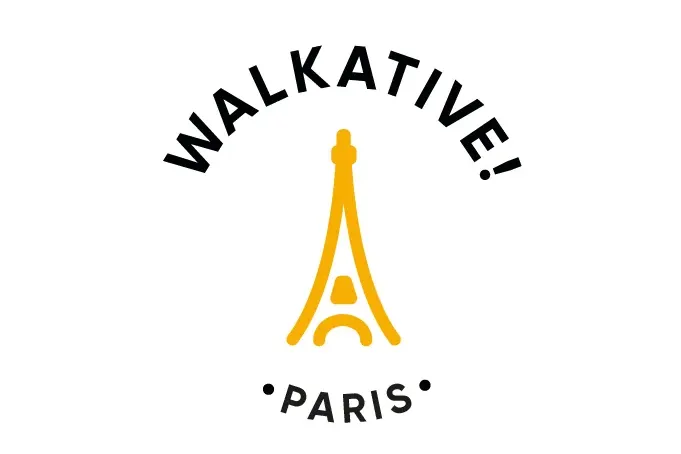 Walkative logo featuring a stylized orange Eiffel Tower with 'WALKATIVE!' text above and 'PARIS' below on a white background.