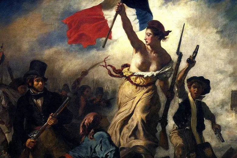 Painting "Liberty Leading the People" by Delacroix, showing a woman with French flag and rifle, leading revolutionaries.