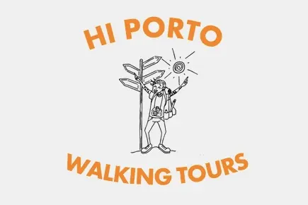 Cartoon illustration of a smiling tourist with a backpack next to a multi-directional signpost, with 'HI PORTO WALKING TOU...