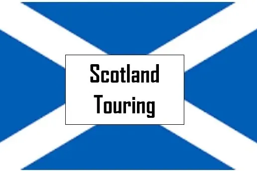 Scottish flag (blue field with white saltire) featuring a white rectangle with the text 'Scotland Touring'.