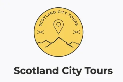 Logo for Scotland City Tours: a yellow circle with a map pin over black mountains, and 'Scotland City Tours' text below.