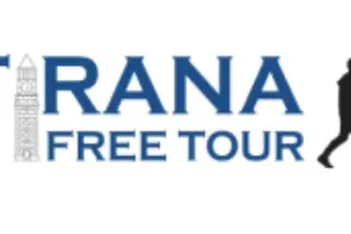 Logo for Tirana Free Tour, featuring a clock tower as the letter 'I' in Tirana and a walking person silhouette.