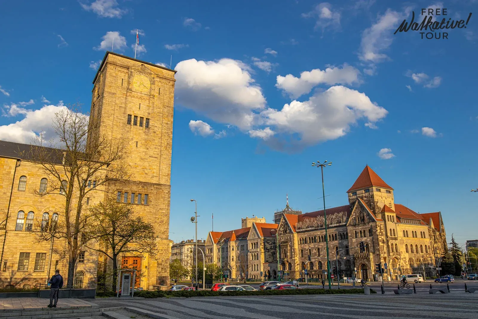 Imperial Castle in Poznan with a tall clock tower on the left and the main building with red roofs on the right, under a b...