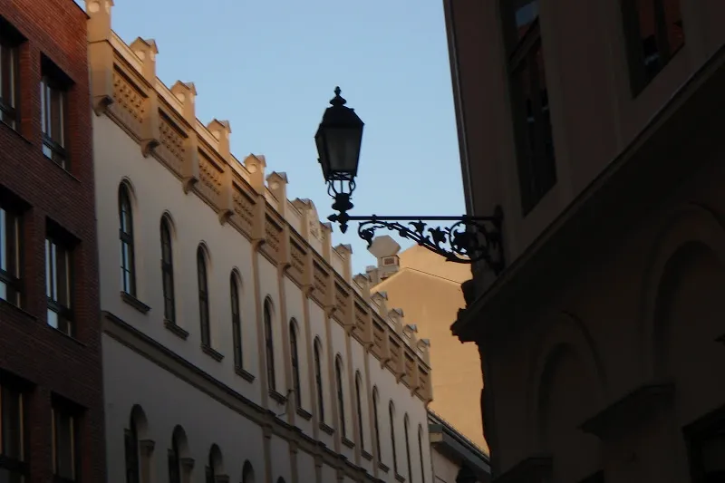 Art Nouveau building facade in Budapest with a decorative street lamp. Light from the side, clear sky.