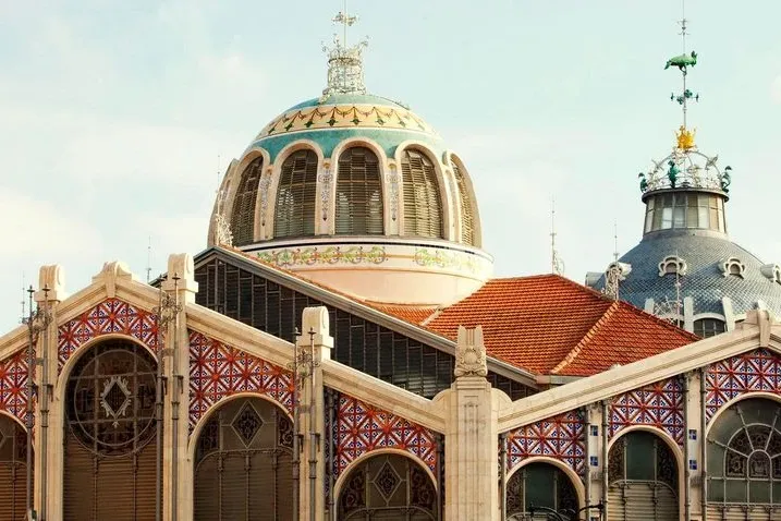 The ornate, tiled domes and colourful ceramic decorations on the exterior of Valencia's Central Market.