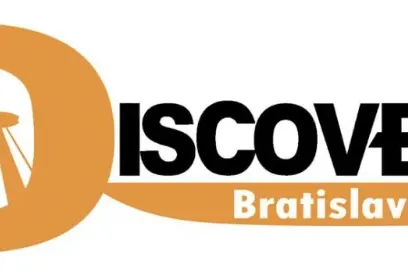 Logo for 'Discover Bratislava' with silhouettes of UFO Observation Deck and Bratislava Castle in orange and black.