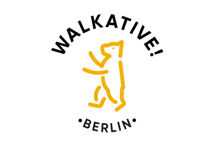 Stylized yellow walking bear logo with 'WALKATIVE' above and 'BERLIN' below, on a dark green background.