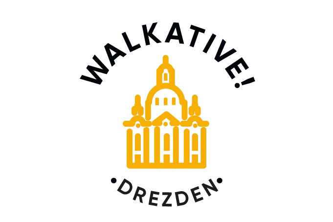 Walkative Dresden logo featuring a golden pixel art illustration of the Frauenkirche against a dark background.