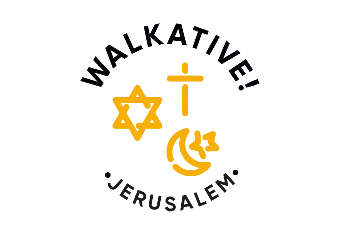 Walkative logo featuring a golden Star of David, Christian cross, and Islamic crescent moon and star, with 'Jerusalem' text.