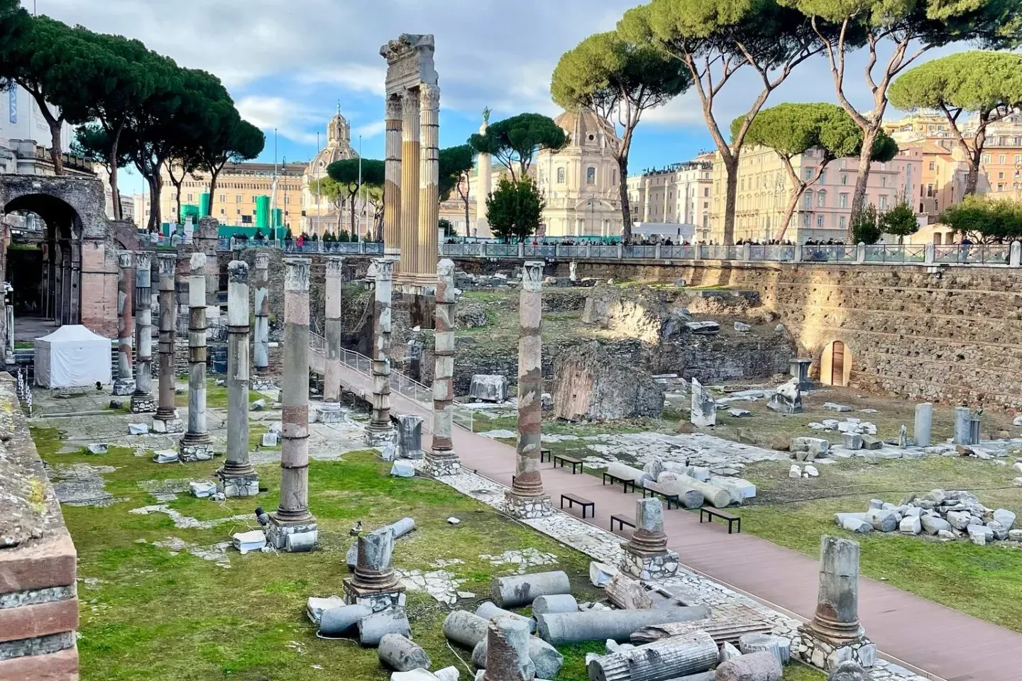 Archaeological site in Rome with numerous ancient stone columns and fragments scattered across a grassy area. Pine trees a...