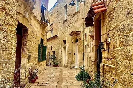 Narrow stone street in Valletta's Vittoriosa, lined with historic buildings, green shutters, and potted plants.