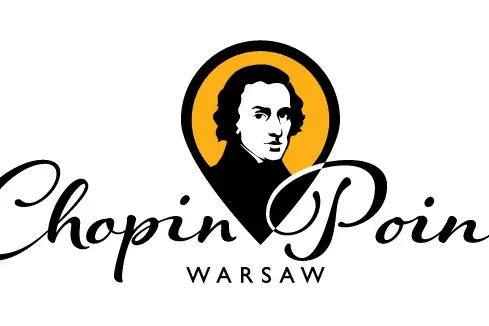 Chopin Point Warsaw logo featuring a black silhouette of Frédéric Chopin's head inside an orange and black map pin icon.