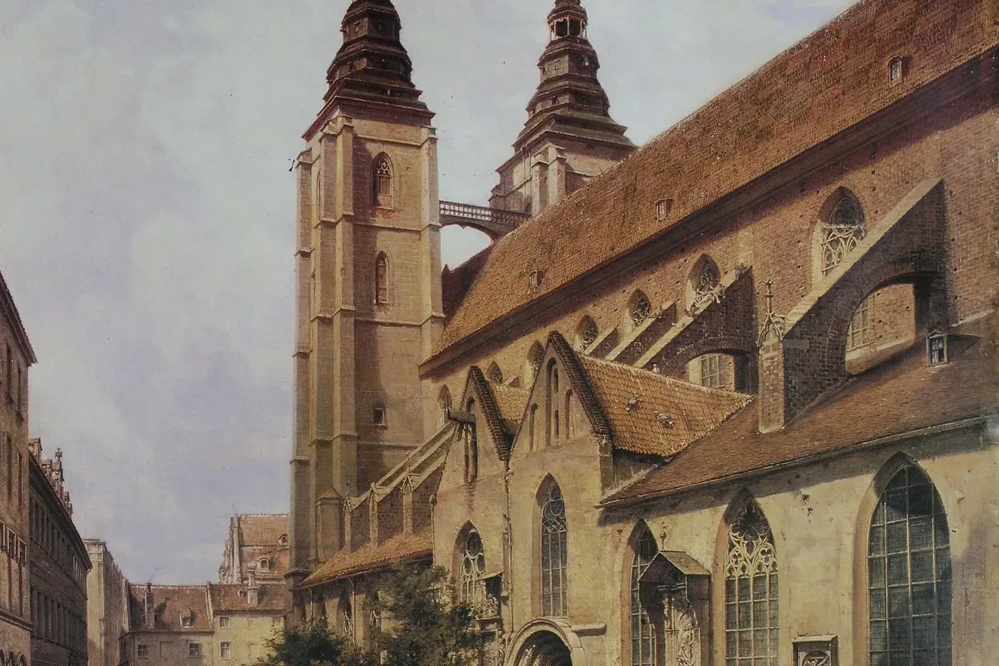 Historical painting of St. Mary Magdalene Collegiate Church in Wroclaw, with its two towers, a connecting bridge, and a st...