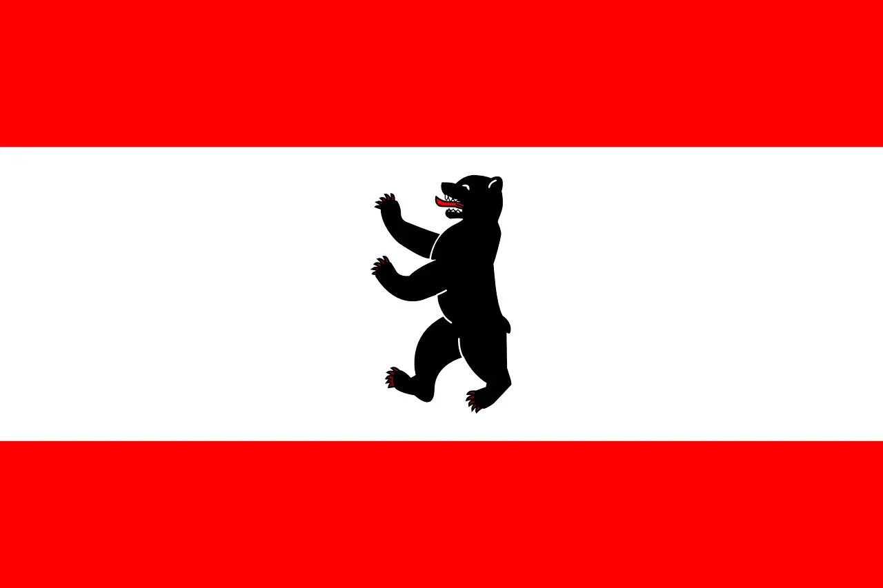 Flag of Berlin with the black Berlin Bear (Bär) on a white horizontal stripe between two red horizontal stripes.
