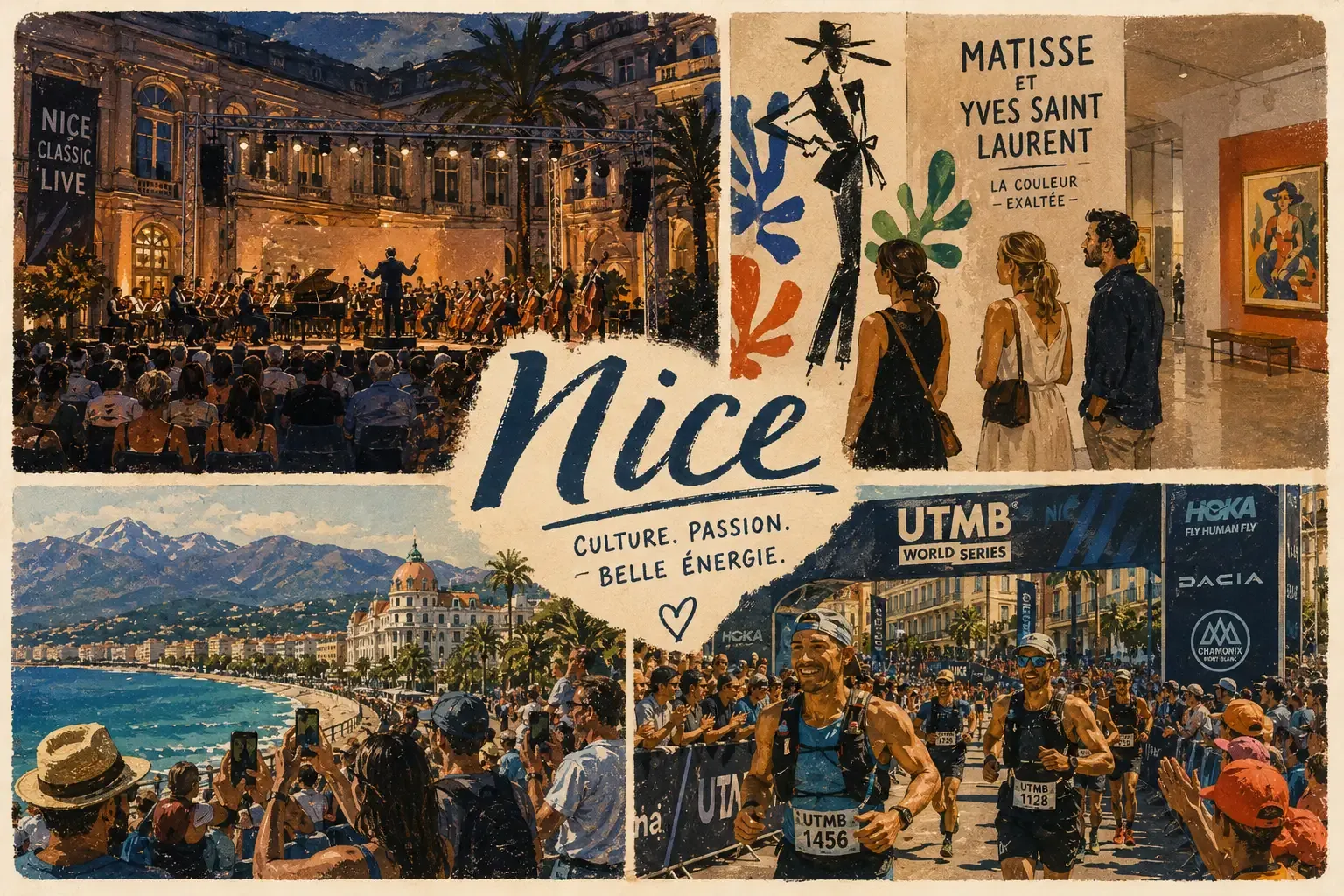 A collage-style illustration of Nice, showing a classical concert, an art museum, and a marathon on the coast.