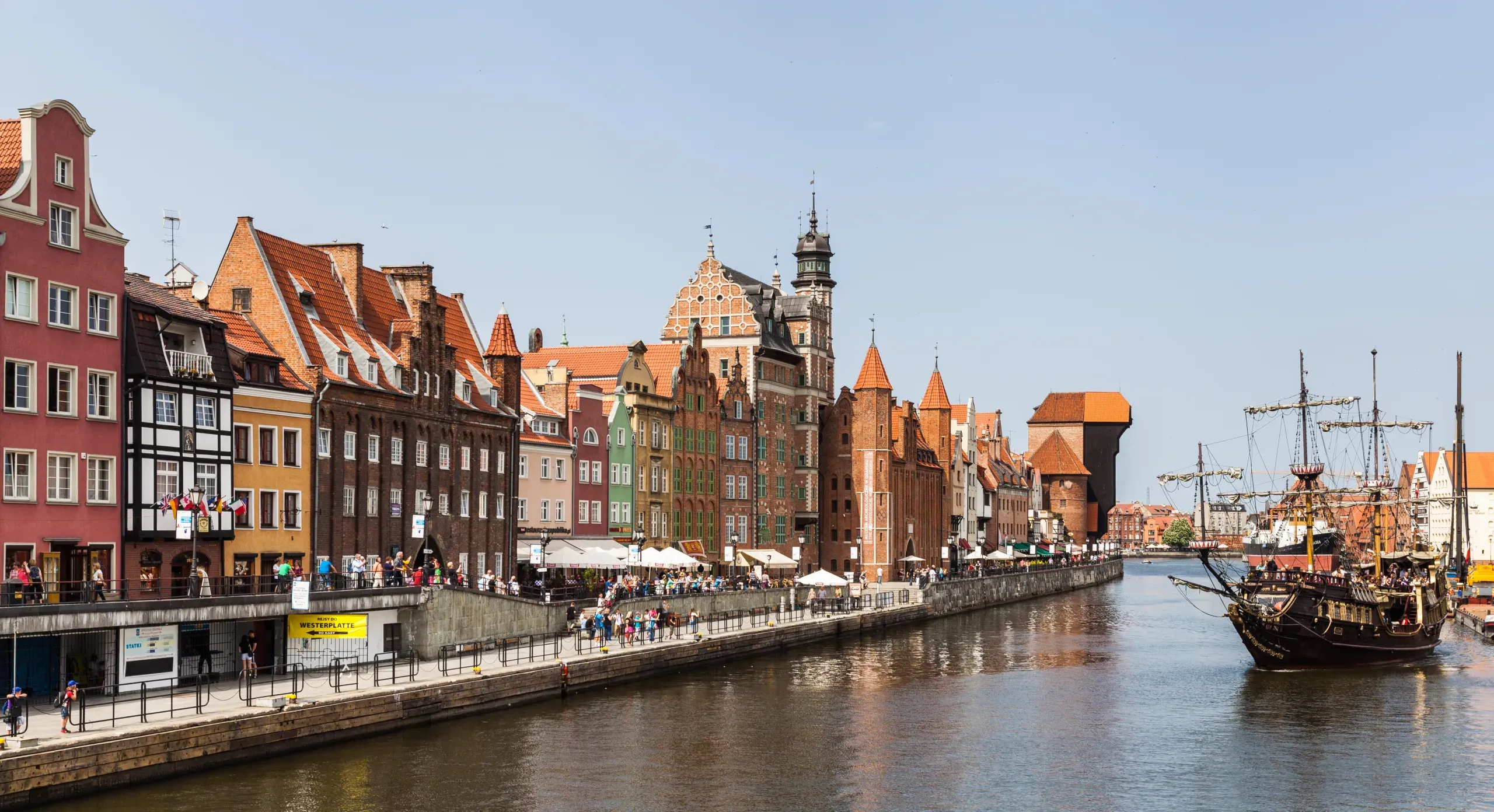 Historic waterfront buildings lining a river in Gdańsk, with people on the promenade and a large sailing ship. The Żuraw cran