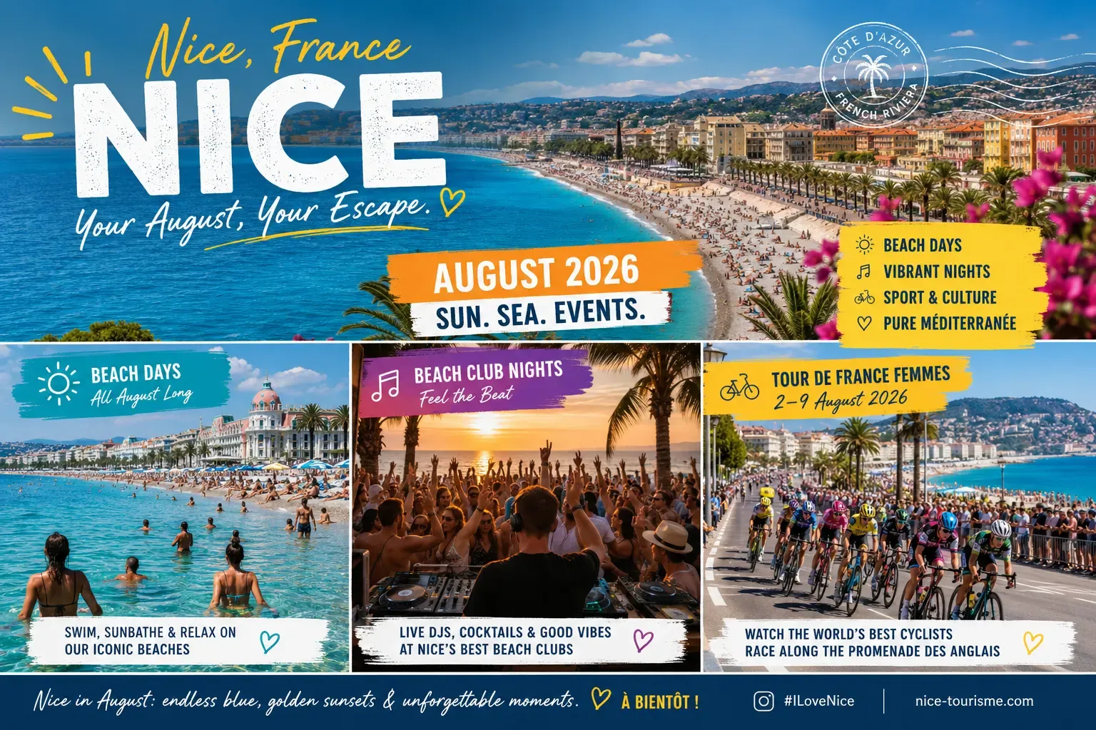 Promotional collage for Nice, France, showing its beaches, nightlife, and the Tour de France Femmes cycling race.