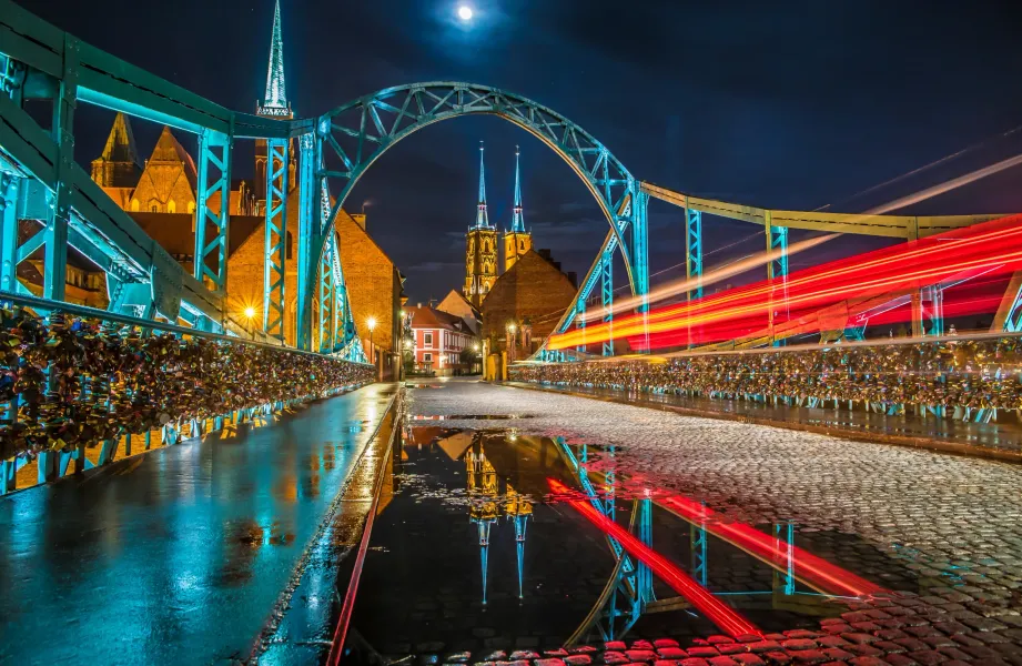 Tumski Bridge at night in Wroclaw, Poland.