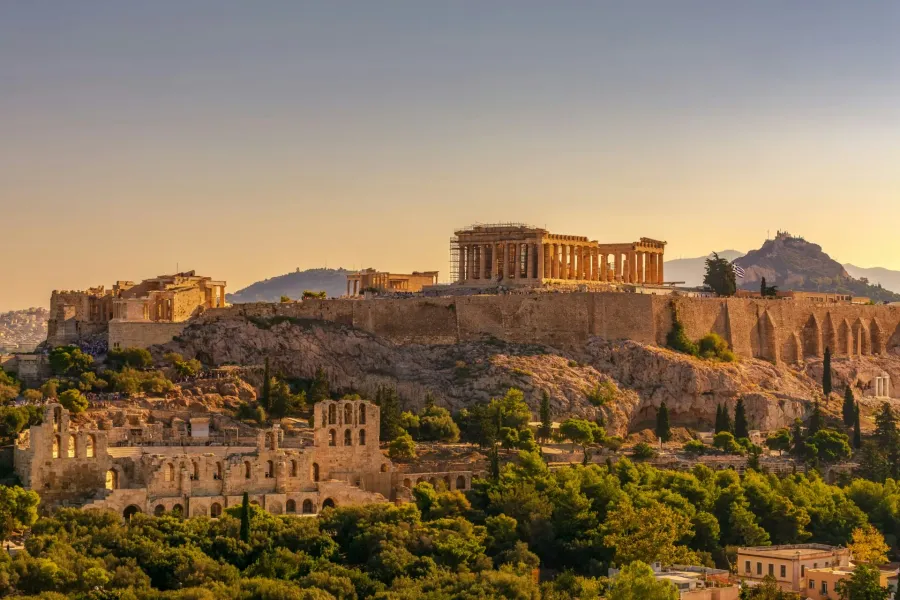 Sunset view of the Acropolis in Athens, Greece.