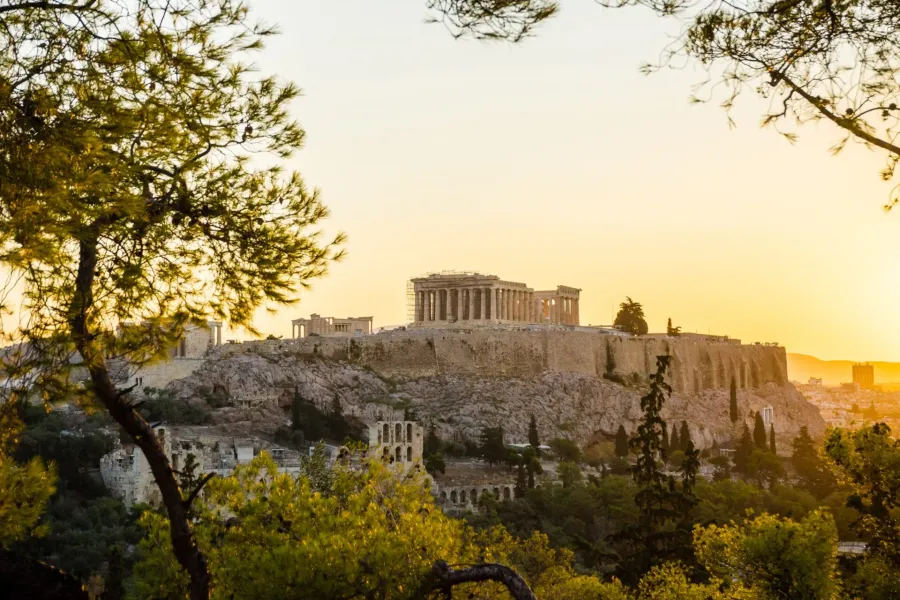 Sunset view of the Acropolis in Athens, Greece.