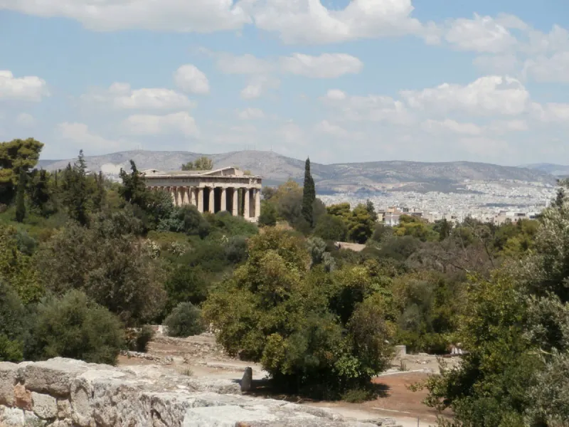 Panoramic view of the Temple of Hephaestus in Athens, Greece.