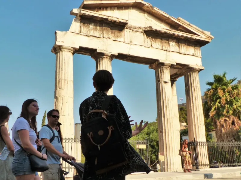Guided tour at the Roman agora in Athens, Greece.