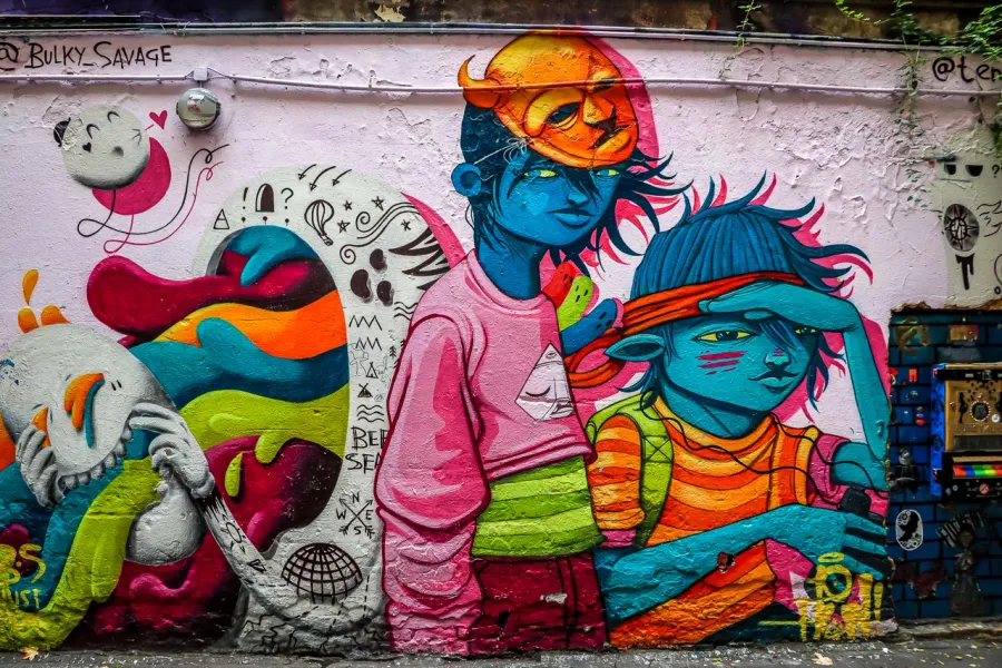 Colorful street art mural in Berlin, Germany.
