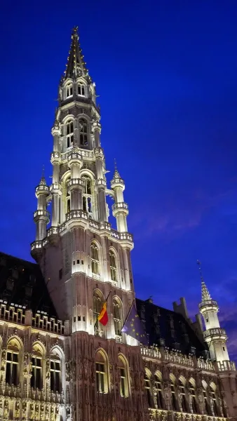 Brussels Town Hall at night, illuminated against the dark sky.