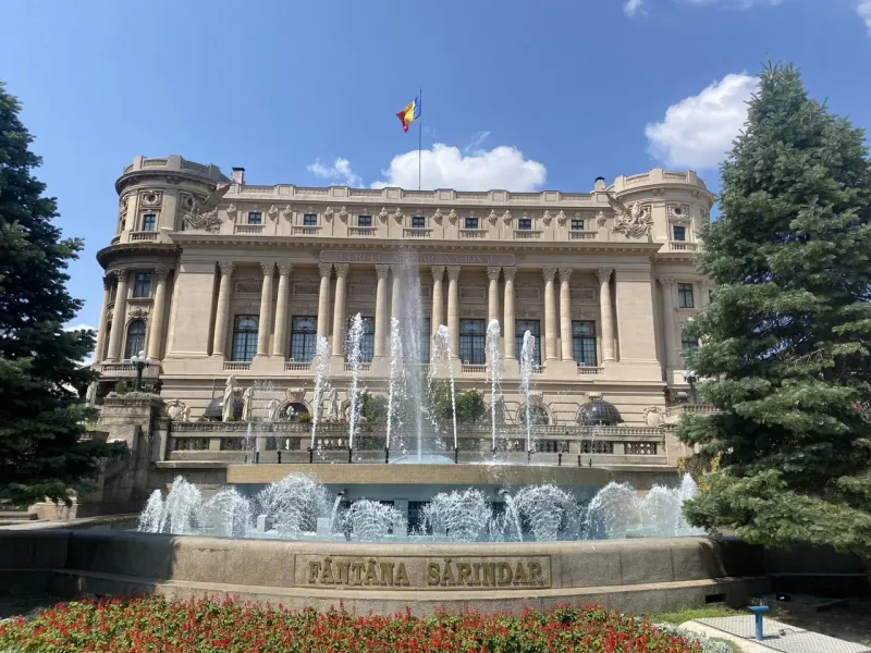 The majestic Cercul Militar National in Bucharest, Romania, with its beautiful fountain.