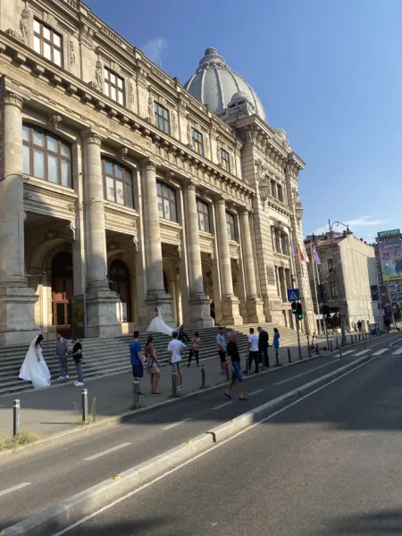 Wedding photoshoot in front of the National Museum of Romanian History in Bucharest.