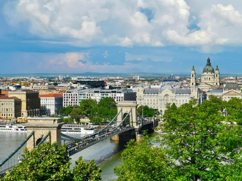 Panoramic view of Budapest's Chain Bridge and St. Stephen's Basilica.