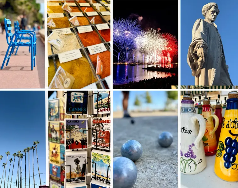 Collage showcasing Cannes: blue chairs, spices, fireworks, a statue, postcards, and pétanque.