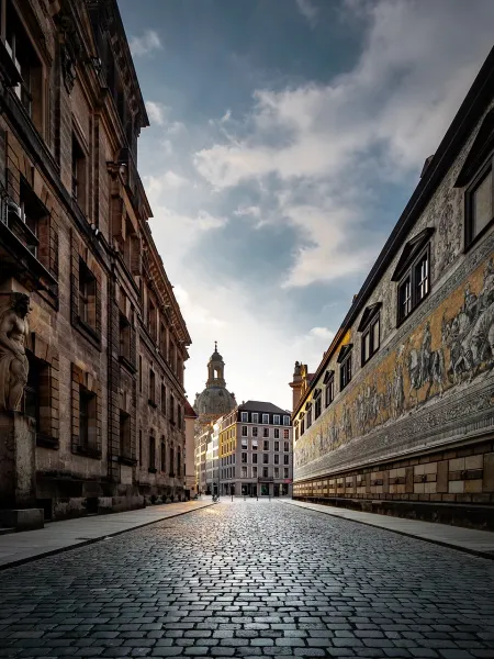 Cobblestone street in Dresden, Germany, with historic buildings and a fresco.
