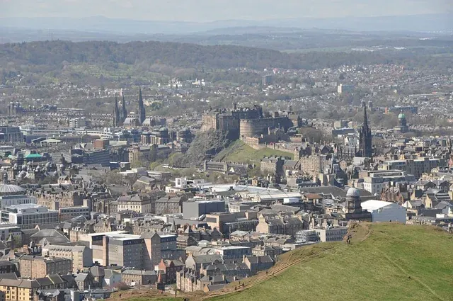 Panoramic view of Edinburgh Castle and the city from Calton Hill.
