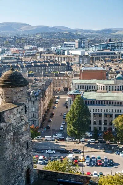 Panoramic view of Edinburgh, Scotland, showcasing historic and modern architecture.