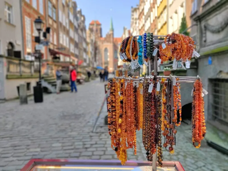 Amber jewelry displayed in Gdansk's Old Town.