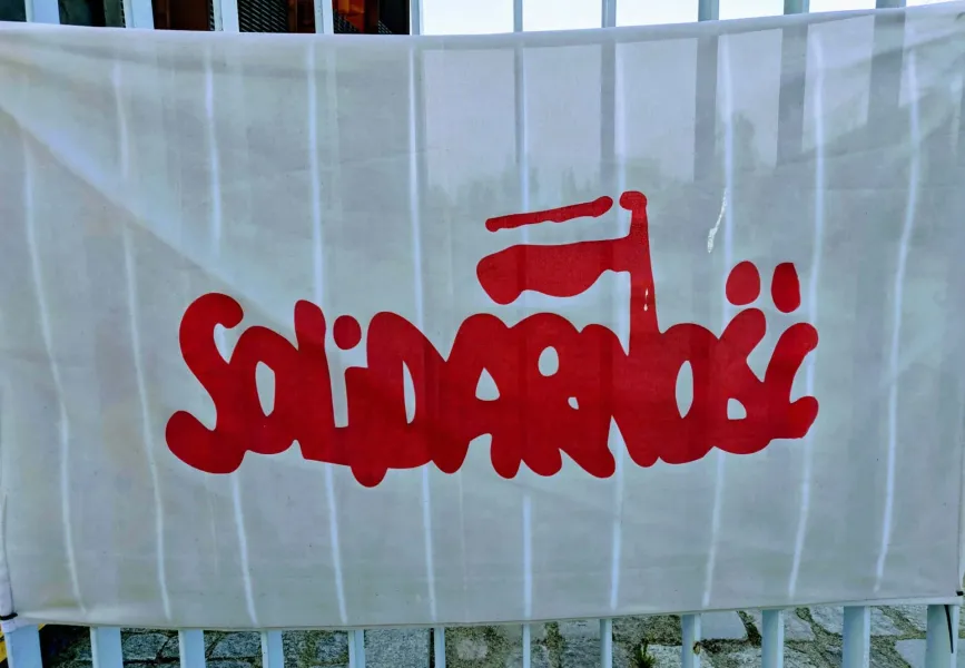 A close-up of a banner displaying the word 'Solidarność' in Gdansk.