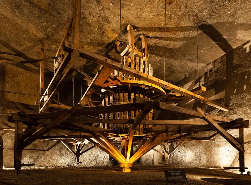 Intricate wooden horse-powered hoist inside the Wieliczka Salt Mine.