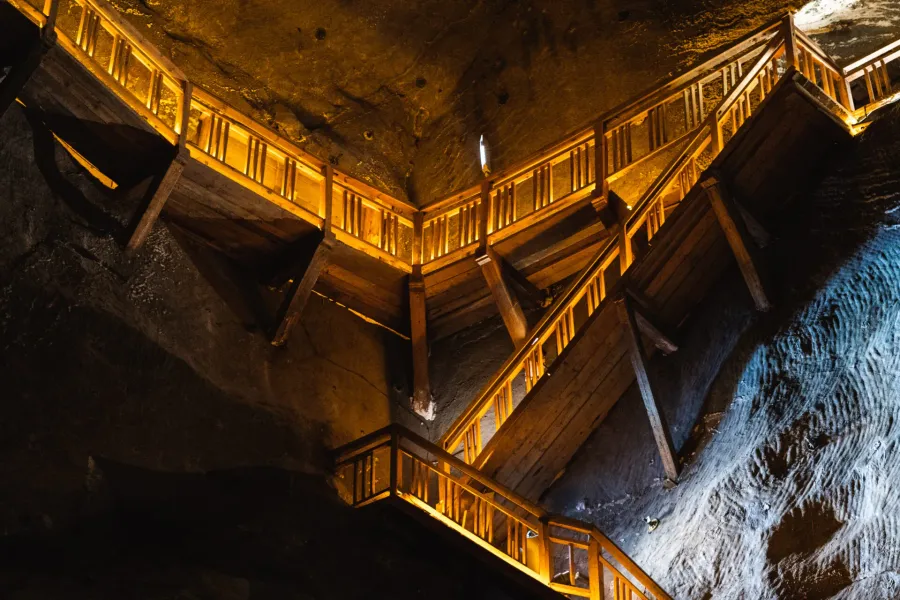 Wooden staircases inside the Wieliczka Salt Mine in Krakow, Poland.