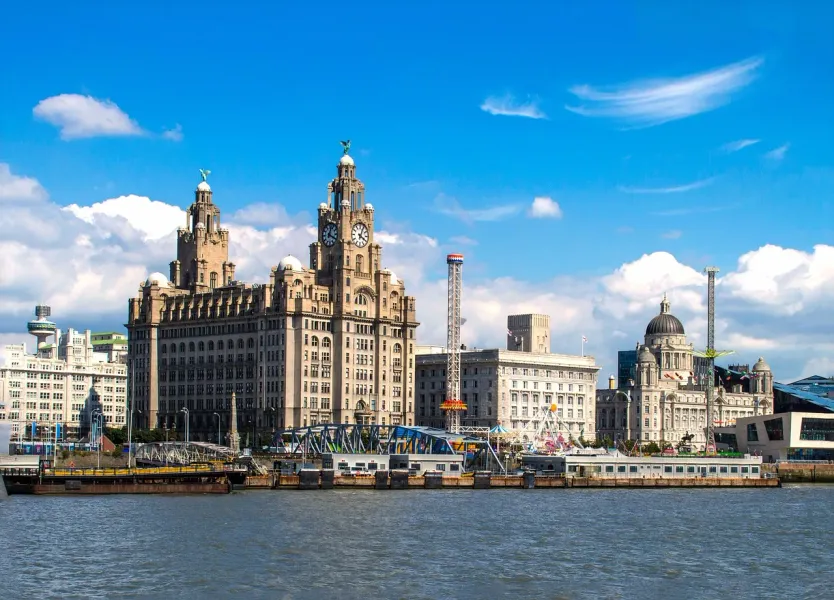Stunning view of Liverpool's Royal Liver Building and waterfront.