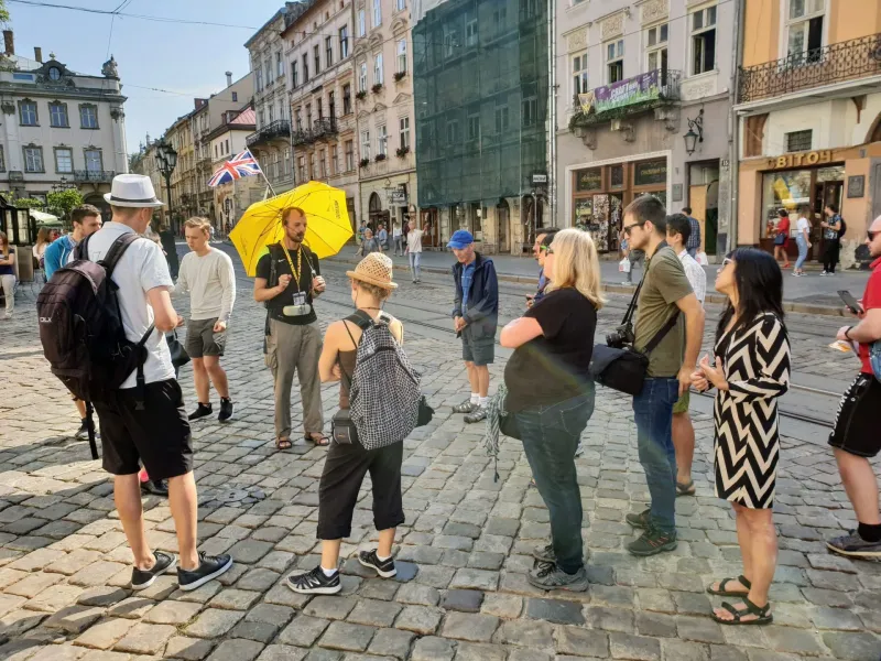 A guided walking tour in Lviv, Ukraine.