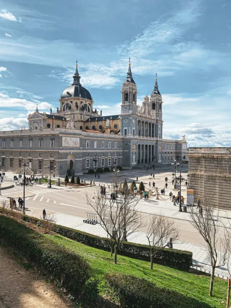 Stunning view of the Almudena Cathedral in Madrid, Spain.